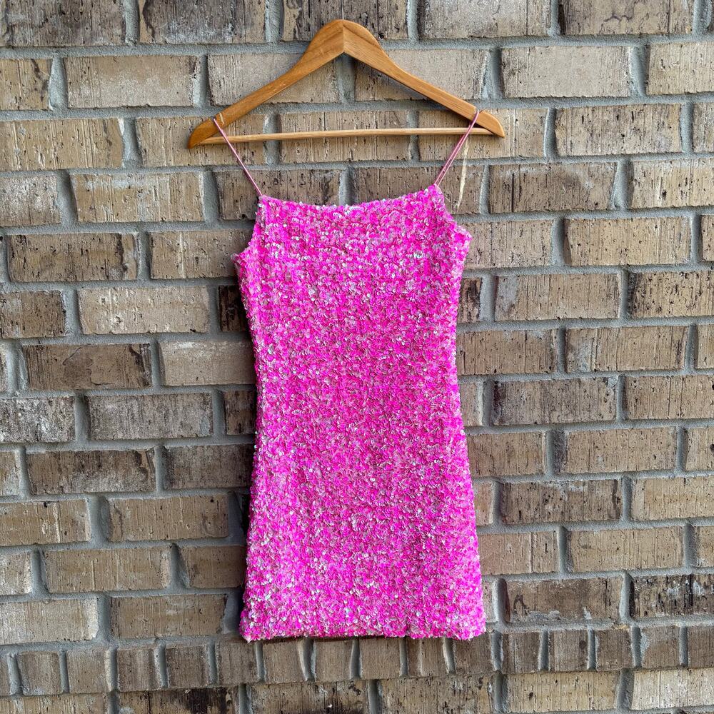 Allison & Kelly Hot Pink Sequin Mini Dress Bodycon Spaghetti Strap Party Small - Picture 2 of 12